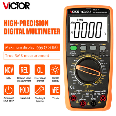 Víctor VC9801A+ 9801 Multimetro de bolsillo Teste de transistores de capacidad de temperatura RMS verdadero