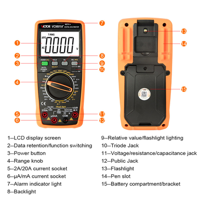 Víctor VC9801A+ 9801 Multimetro de bolsillo Teste de transistores de capacidad de temperatura RMS verdadero