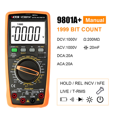 Víctor VC9801A+ 9801 Multimetro de bolsillo Teste de transistores de capacidad de temperatura RMS verdadero
