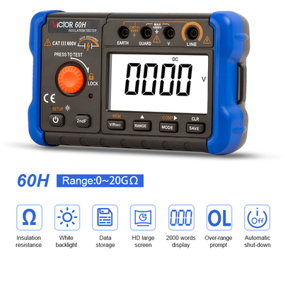 VICTOR60H Display Tester de aislamiento digital 1000V con registro de datos Megohmmetro